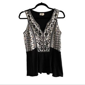 ANTHROPOLOGIE Meadow Rue Boho Sleeveless Tank Top Embroidery Black Cream XS